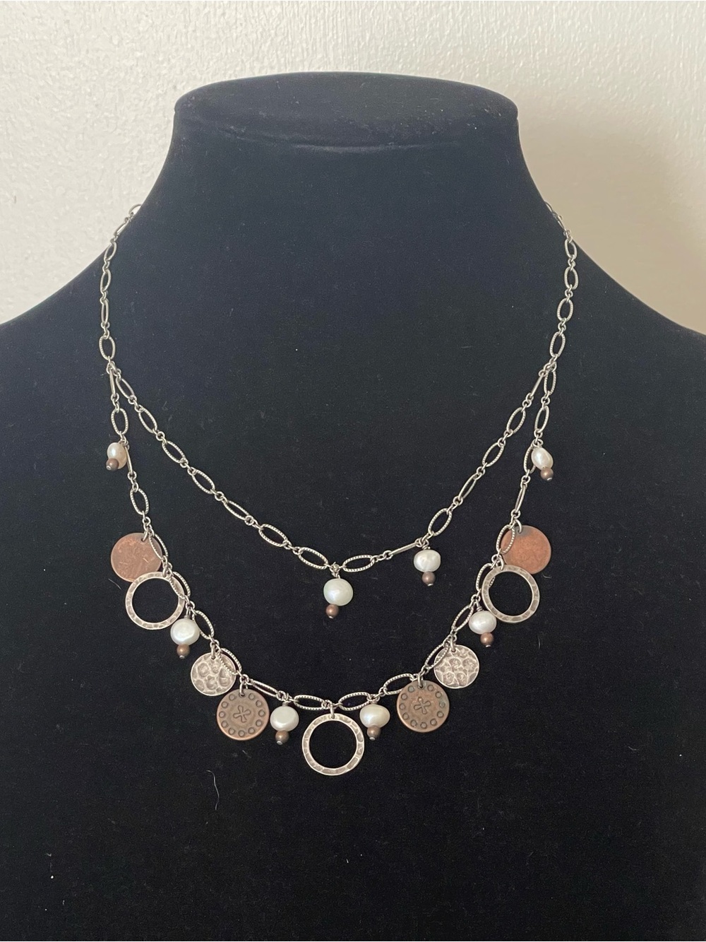 Delicate Two-Tier Sterling Silver 925  Necklace with Pearl Accents and coins